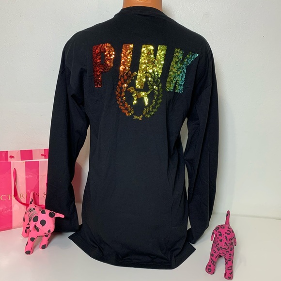 PINK VS BLING RAINBOW LOGO SEQUINED CAMPUS TEE - Picture 4 of 8